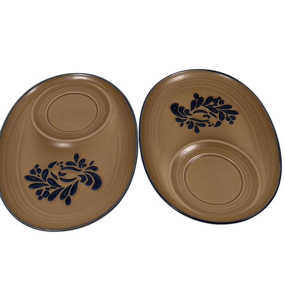 Vintage Pfaltzgraff Folk Art Stoneware Plate Blue Floral Oval Tray Set of 2